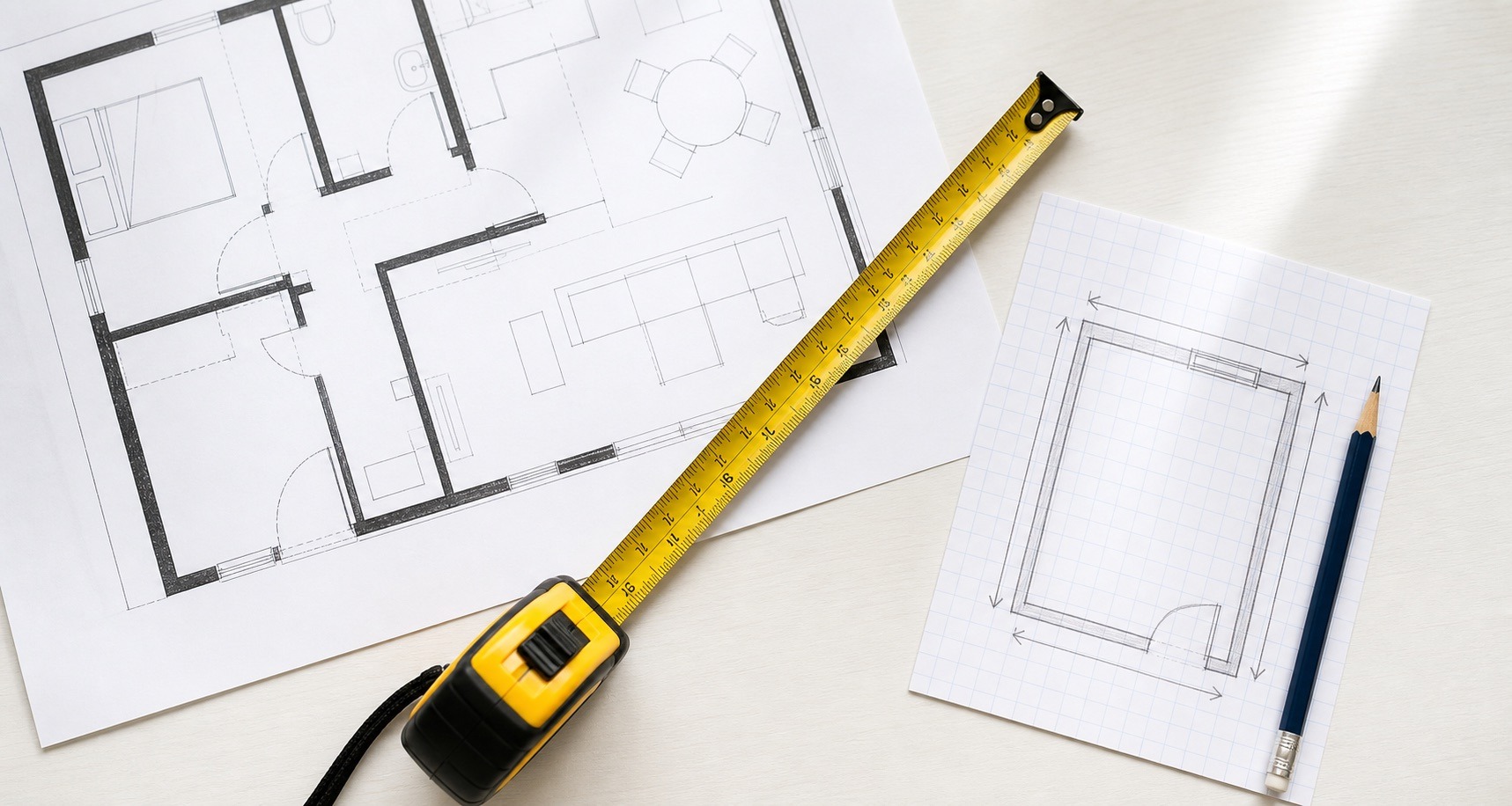 Tape measure and house floorplan on a desk